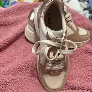 Coach Metallic Rose Gold and Cream Leather Platform Sneakers